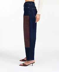 Kittenish Women's Lottie High-Rise Barrel Suede Contrast Cotton-Blend Pants