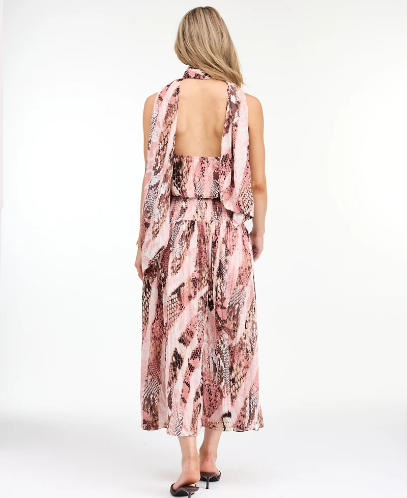 Kittenish Women's Dahlia Yoryu Halter Snake-Print Open-Back Maxi Dress