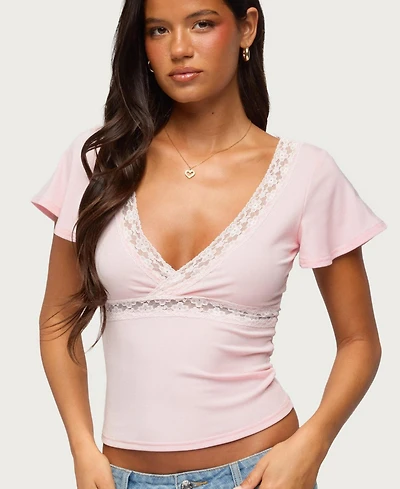 Edikted Women's Yvetta Lacey V-Neck Lace Flutter-Sleeve Blouse