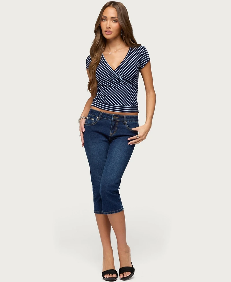 Edikted Women's Naame Striped Wrap Cotton-Blend V-Neck Top