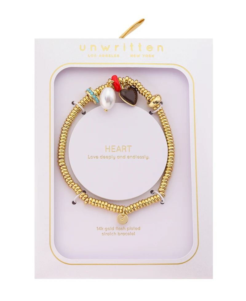 Unwritten Crystal Gold-Plated Beaded Heart Charm Stretch Bracelet