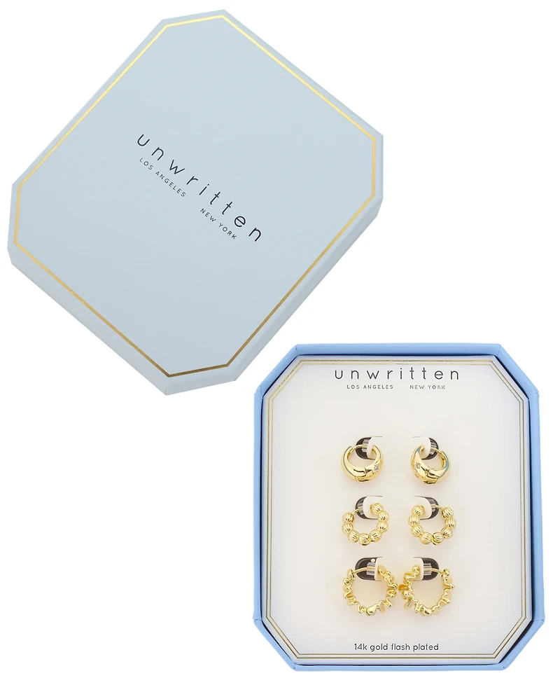 Unwritten Cubic Zirconia Gold-Plated Trio Hoop Earring Set