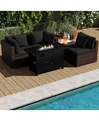Costway 5 Pieces Patio Furniture Set Heavy-duty Frame Rattan Sofa with 60,000 Btu Firepit Table