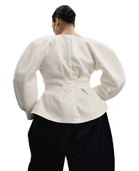 11 Honore Plus Crescent Moon Puff-Sleeve V-Neck Jacket