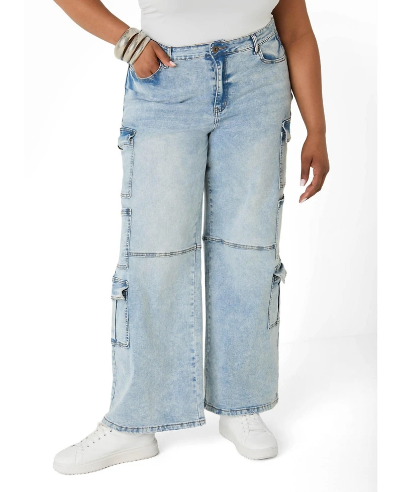 Ashley Stewart Plus Cargo Acid Wash High-Waisted Jeans