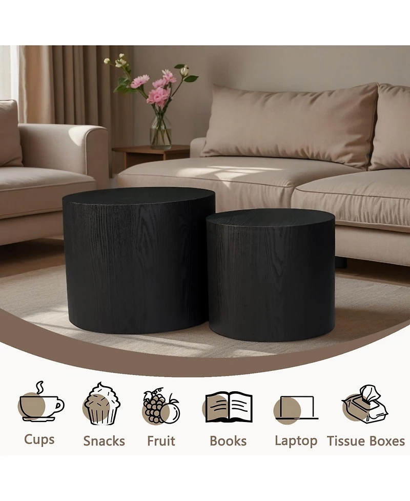 Clihome Nesting Coffee Table Set of 2, Modern Round with Non-Slip Feet, Wood Side for Living Room, Bedroom