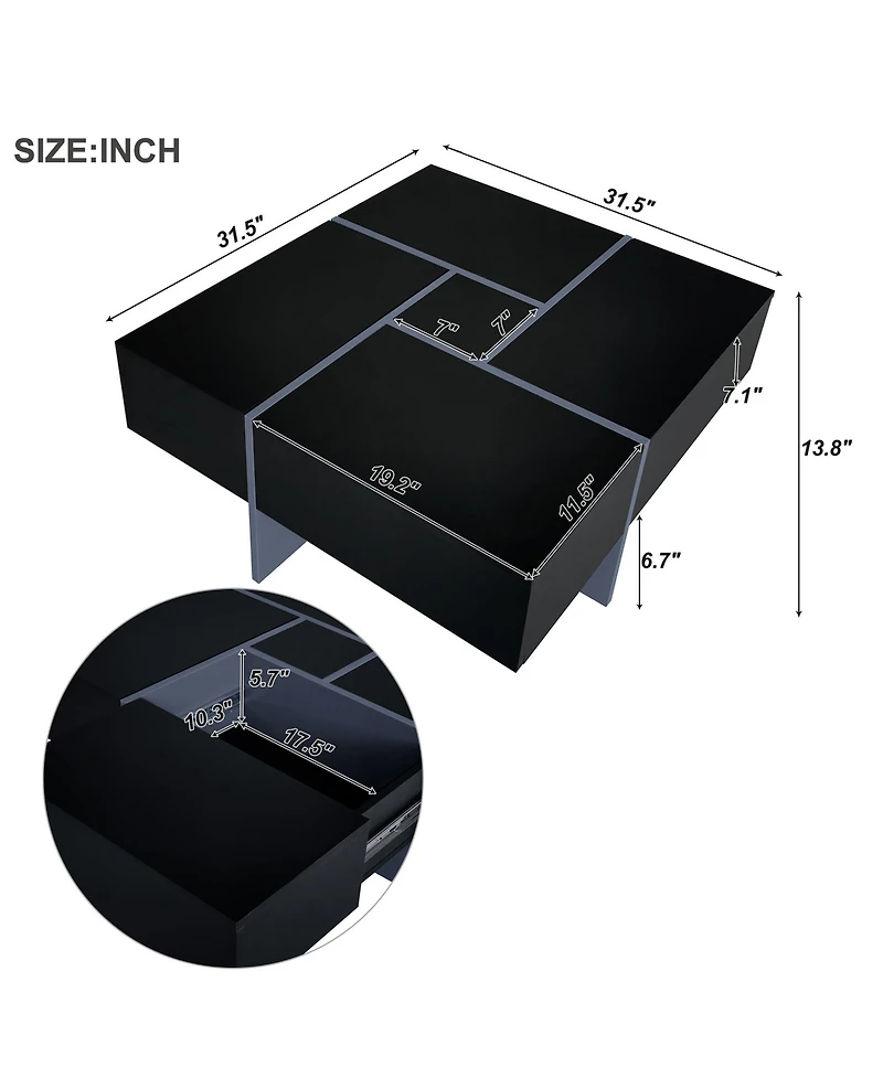 Clihome On-trend Unique Design Coffee Table with 4 Hidden Storage Compartments, Square Cocktail Extendable Sliding Tabletop,31.5"x 31.5"