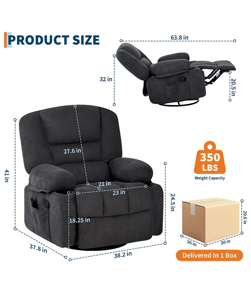 gaomon Oversized massage recliner with vibration and heating,Chenille,manual recline, side pocket,Cup Holders