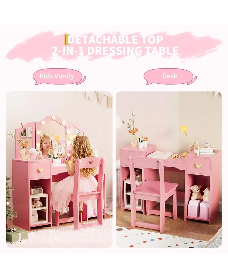 gaomon Kids Princess Vanity Table and Chair Set, Makeup Dressing with Mirror Lights, Toddler Pretend Play Beauty Toy for Girls