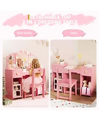 gaomon Kids Princess Vanity Table and Chair Set, Makeup Dressing with Mirror Lights, Toddler Pretend Play Beauty Toy for Girls