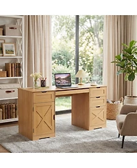 homfan 59" Farmhouse Office Desk with 4 Drawers, Charging Station and Keyboard Tray, Wood-Look