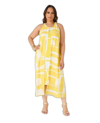 Ashley Stewart Plus Abstract Print Cape Effect Halter Neckline Midi Dress