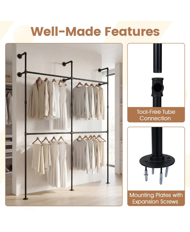 Hongge 9-Inch Double Tier Pipe Clothing Rack for Wall Mounting