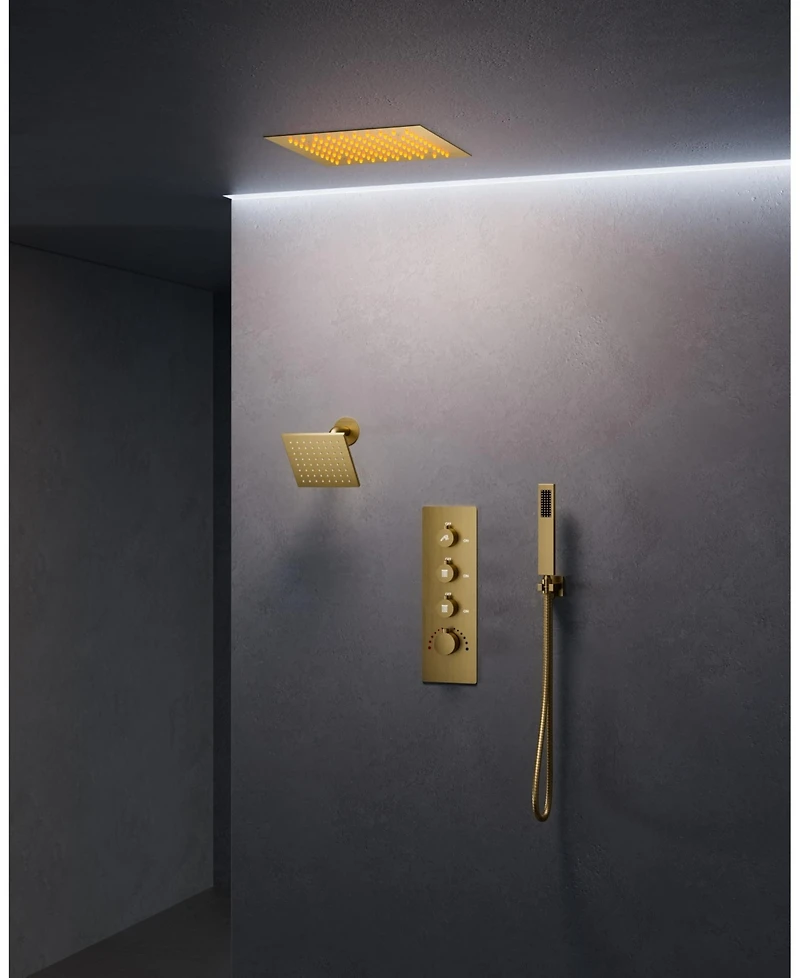 Everstein Thermostatic Dual Showerheads System Ceiling Mount 12" Led Rainfall Shower Faucet with 6" Head Handheld Spray