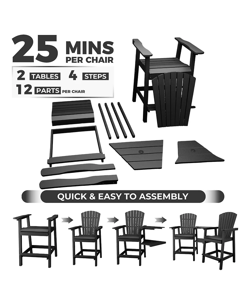 homfan Set of 2 Adirondack Bar Height Chairs with Connecting Tray and High Back, Weather-Resistant Hdpe Patio Barstools for Deck
