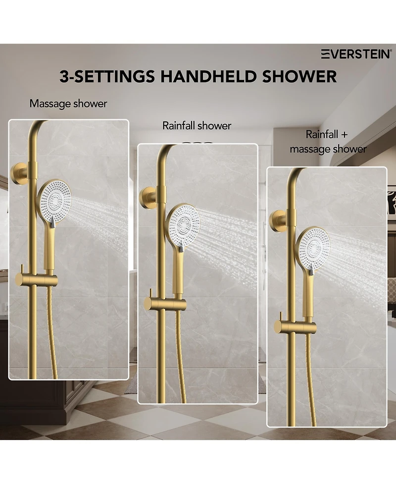 Everstein Wall Mount Pressure-Balanced Shower System 10" Rainfall Head with Slider Bar Handheld Spray