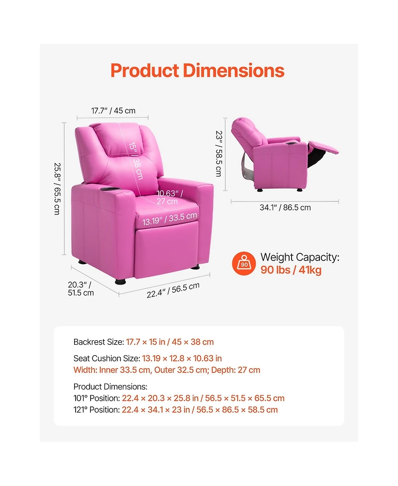 Sugift Kids Reclining Chair with Cup Holder 101degree(s) to 121degree(s) Adjustable Backrest Pu Leather 90 lbs Load