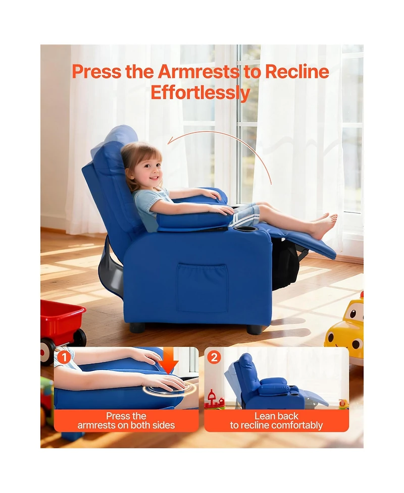 Sugift Kids Reclining Chair with 2 Cup Holders 4 Pockets 107degree(s) to 126degree(s) Adjustable Pu Leather Recliner
