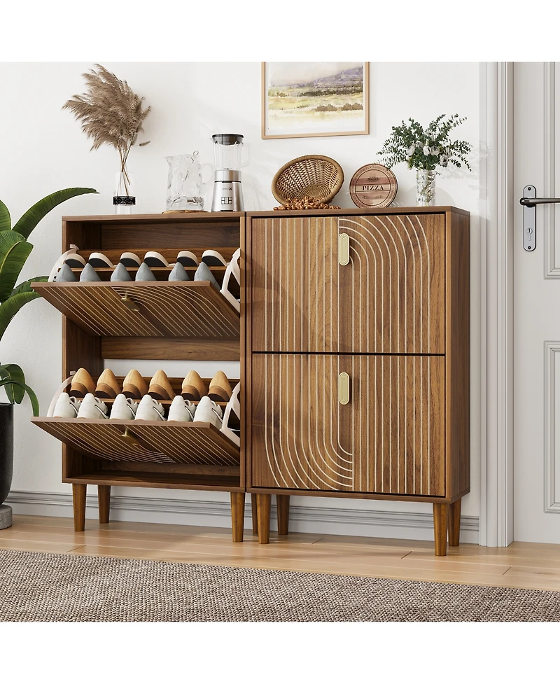 Boyel Living 23.6-Inch Freestanding Shoe Storage Cabinet with 2 Flip Drawers, Line Groove Entryway Organizer with Adjustable Shelves and Metal Handles