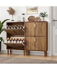 Boyel Living 23.6-Inch Freestanding Shoe Storage Cabinet with 2 Flip Drawers, Line Groove Entryway Organizer with Adjustable Shelves and Metal Handles