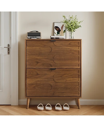 Boyel Living 31.5-Inch Medieval Modern Shoe Storage Cabinet, Freestanding Farmhouse Entryway Organizer with 2 Flip Drawers and Solid Wood Legs