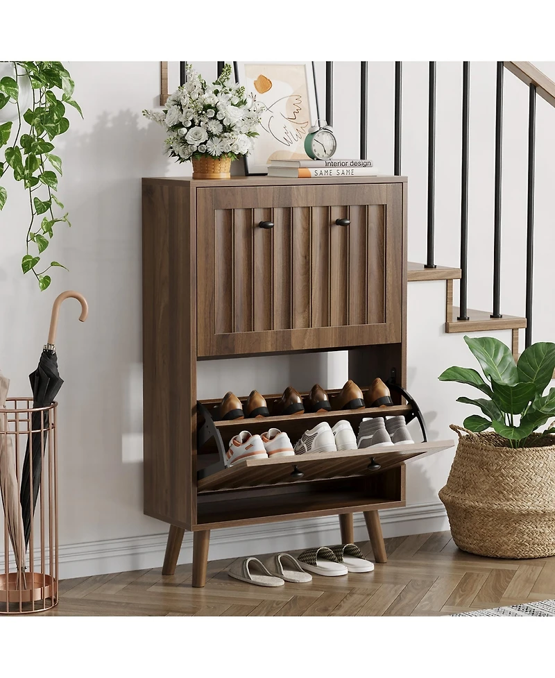 Boyel Living 23.6-Inch Mid-Century Modern Shoe Cabinet, Freestanding Entryway Storage with Vertical Grooved Finish and 2 Flip Drawers for Hallway