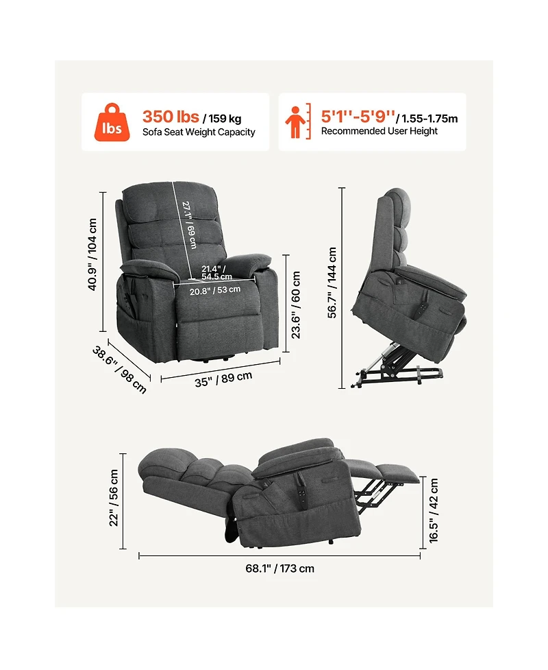 Sugift Dual Motor Power Lift Recliner Chair with Heat Massage Remote Side Pockets Chenille Fabric