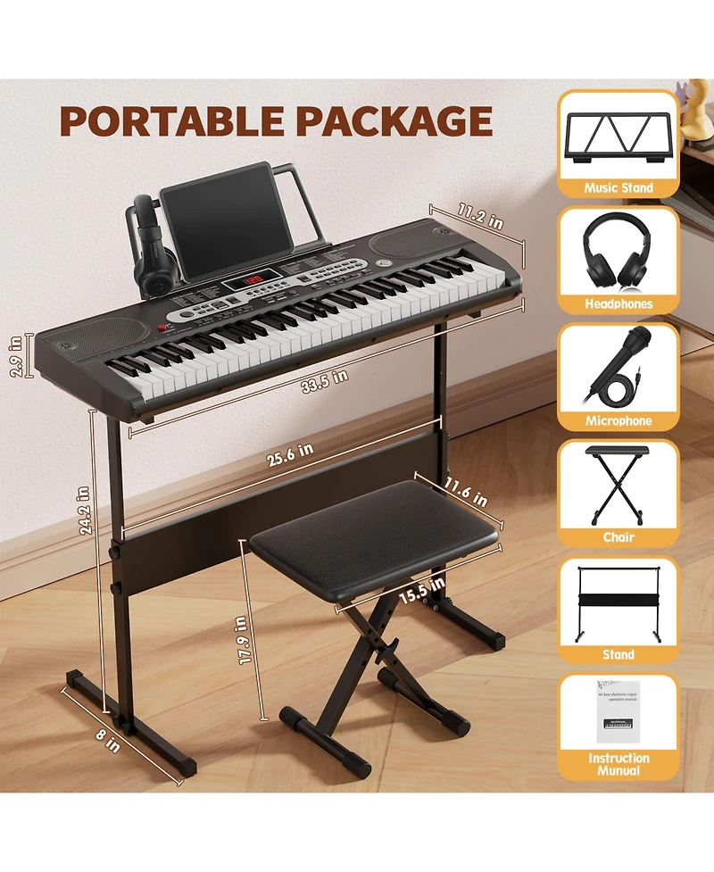 Sugift 61-Key Lighted Electric Piano Keyboard for Beginners with Stand and Bench, Ages 6+