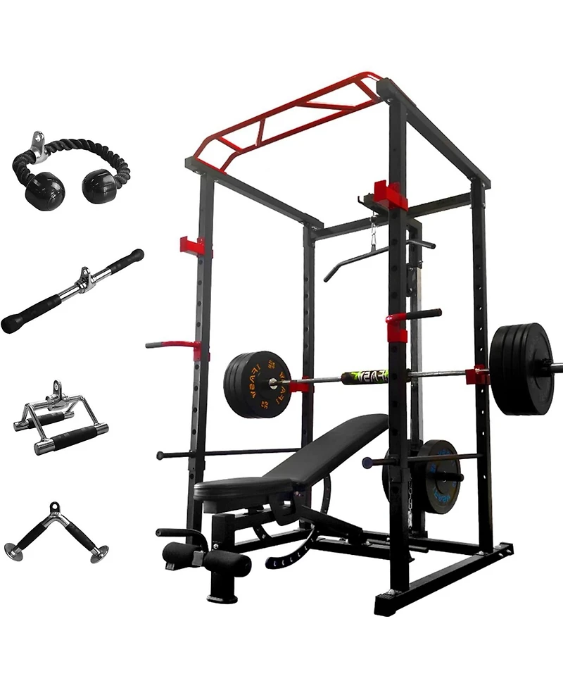 Sevorley Home Gym Power Cage Set with Lat Pulldown lb Bumper Plates Bench Barbell and Cable Attachments