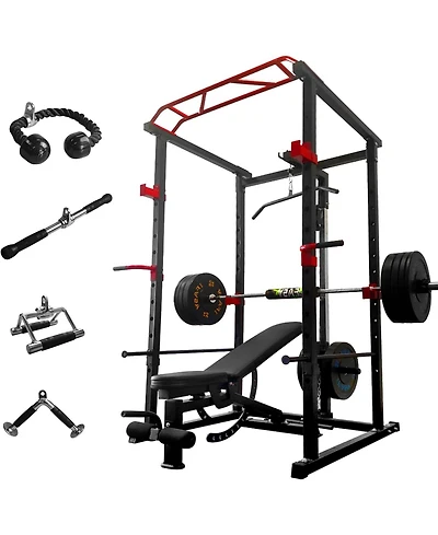 Sevorley Home Gym Power Cage Set with Lat Pulldown lb Bumper Plates Bench Barbell and Cable Attachments
