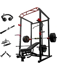 Sevorley Home Gym Power Cage Set with Lat Pulldown lb Bumper Plates Bench Barbell and Cable Attachments
