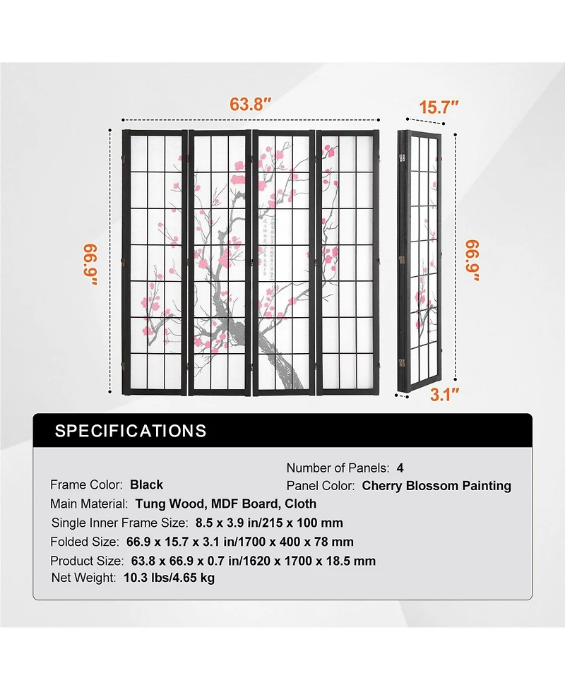 Slickblue 4 Panel Wood Privacy Screen Divider, Portable Folding Partition for Bedroom Home Office Living Room