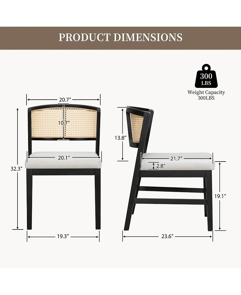 Flynama Set of 2 Rubber Wood Upholstered Rattan Back Dining Chairs