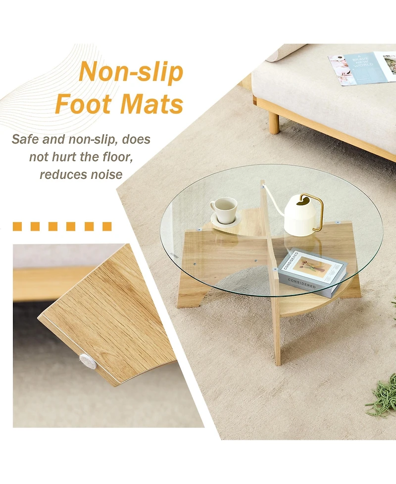 flynama 31.5 Inch Round Tempered Glass Coffee Table, Fan-Shaped Wood Grain Pedestal Table for Living Room and Office