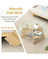 flynama 31.5 Inch Round Tempered Glass Coffee Table, Fan-Shaped Wood Grain Pedestal Table for Living Room and Office