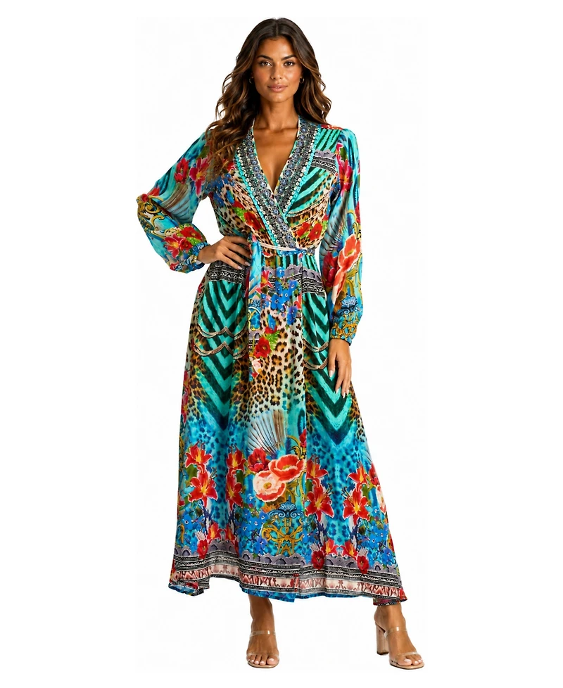La Moda Clothing Women's Leopard-and-Floral-Print Long-Sleeve V-Neck Wrap Maxi Dress