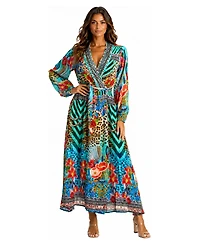 La Moda Clothing Women's Leopard-and-Floral-Print Long-Sleeve V-Neck Wrap Maxi Dress