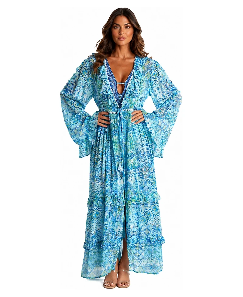 La Moda Clothing Women's Plunging V-Neck Long-Sleeve Floral-Print One-Piece Swimsuit and Cover-Up Set