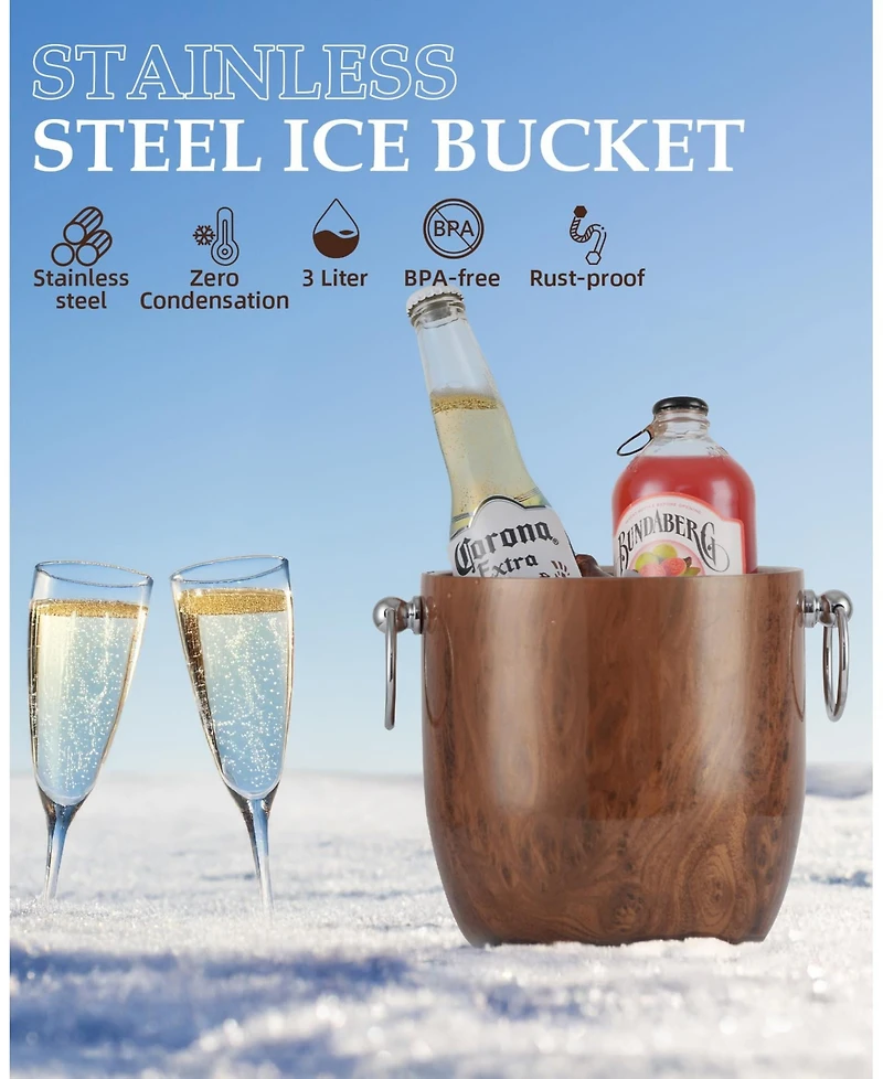 Piscifun 3L Double Wall Stainless Steel Insulated Ice Bucket With Lid Scoop Tongs Strainer For Parties Bars