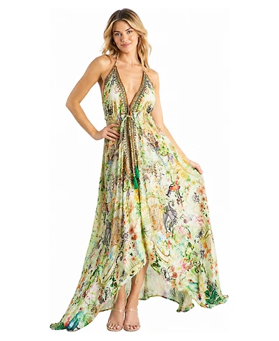 La Moda Clothing Women's Tropical Floral Halter-Plunge High-Low Maxi Dress