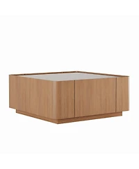 Flynama Square Glass Coffee Table Walnut Frame Storage Drawers Modern Living Room Table