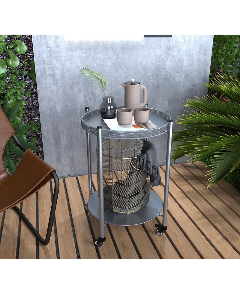 flynama 2-Tier Movable Round Side Table with Lockable Wheels