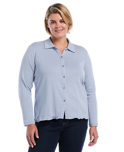 Rafaella Plus Long-Sleeve Point Collar Ruffle-Trim Top