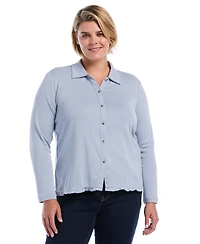 Rafaella Plus Long-Sleeve Point Collar Ruffle-Trim Top