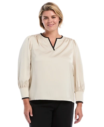 Rafaella Plus Satin Split-Neck Long-Sleeve Blouse