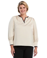 Rafaella Plus Satin Split-Neck Long-Sleeve Blouse