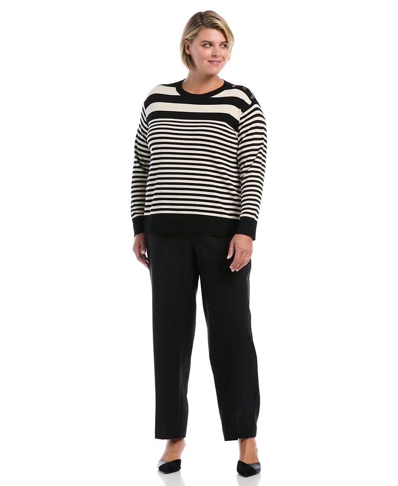 Rafaella Plus Striped Crewneck Ribbed Trim Pullover Sweater