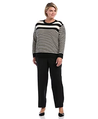 Rafaella Plus Striped Crewneck Ribbed Trim Pullover Sweater