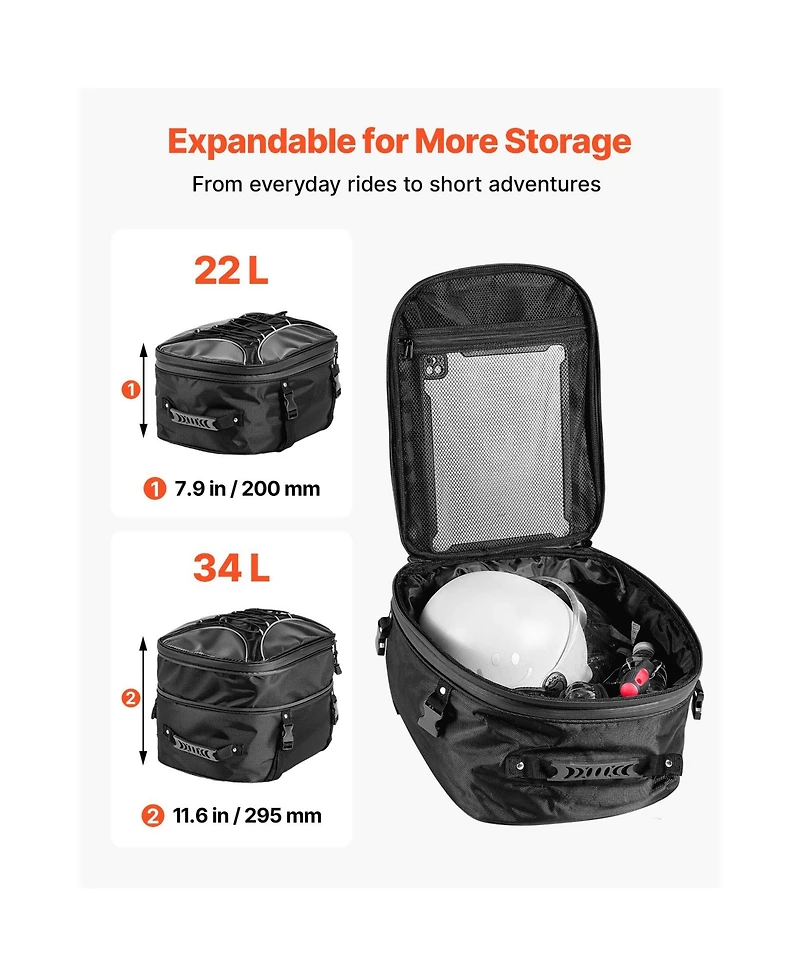 Sugift 22-34 L Expandable Motorcycle Tail Bag Waterproof Rear Seat Luggage with Rain Cover Straps Pocket