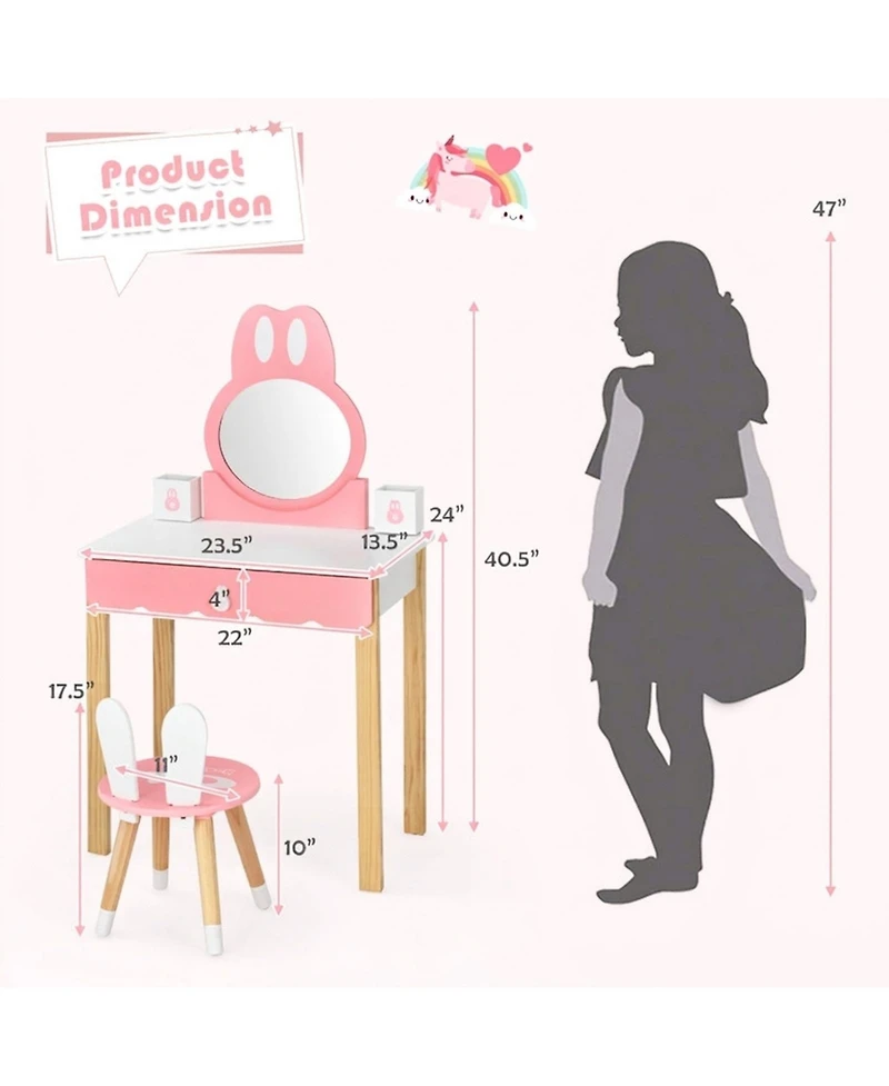 Gouun Kids Rabbit Vanity Table Chair Set with Detachable Mirror and Drawer